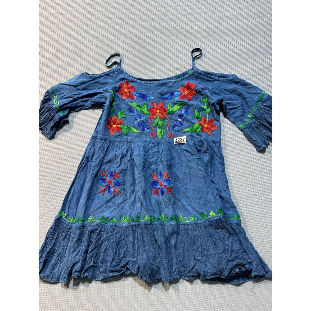 Sacred Threads Floral Embroidered Cold Shoulder Dress Womens S/M Blue